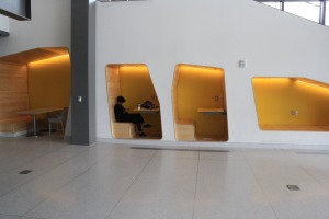 Some of the uniquely designed study and small group meeting spaces in the Oakland University Engineering Center.